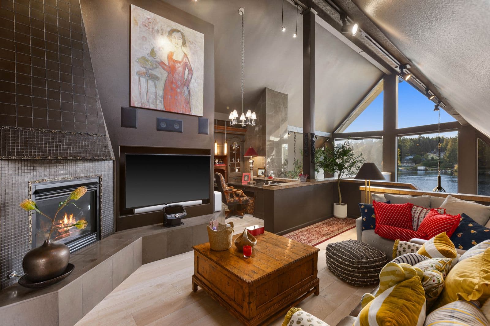 Upstairs lounge under the A-frame glass — 1504 E Lakeshore Dr, Lake Stevens