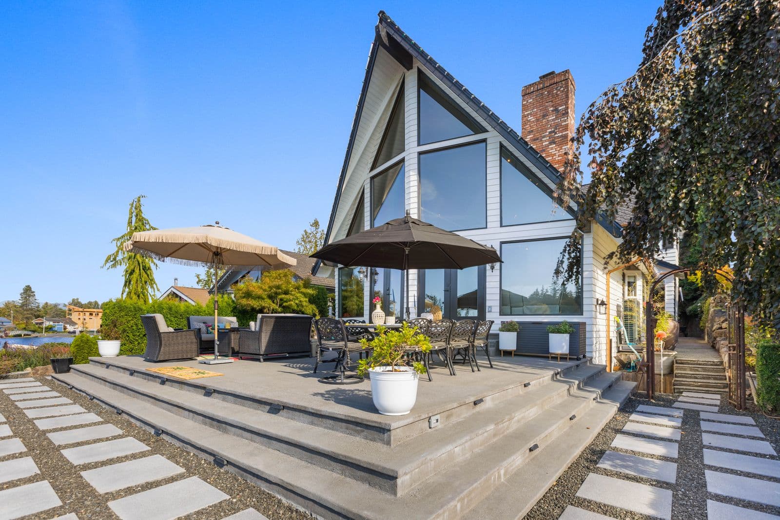 Terrace and the A-frame wall of glass — 1504 E Lakeshore Dr, Lake Stevens
