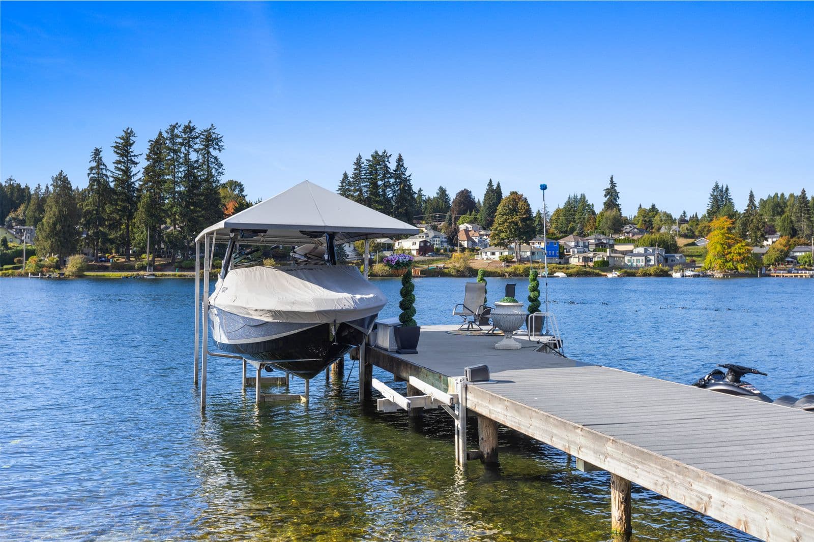 Private dock with covered boat lift — 1504 E Lakeshore Dr, Lake Stevens