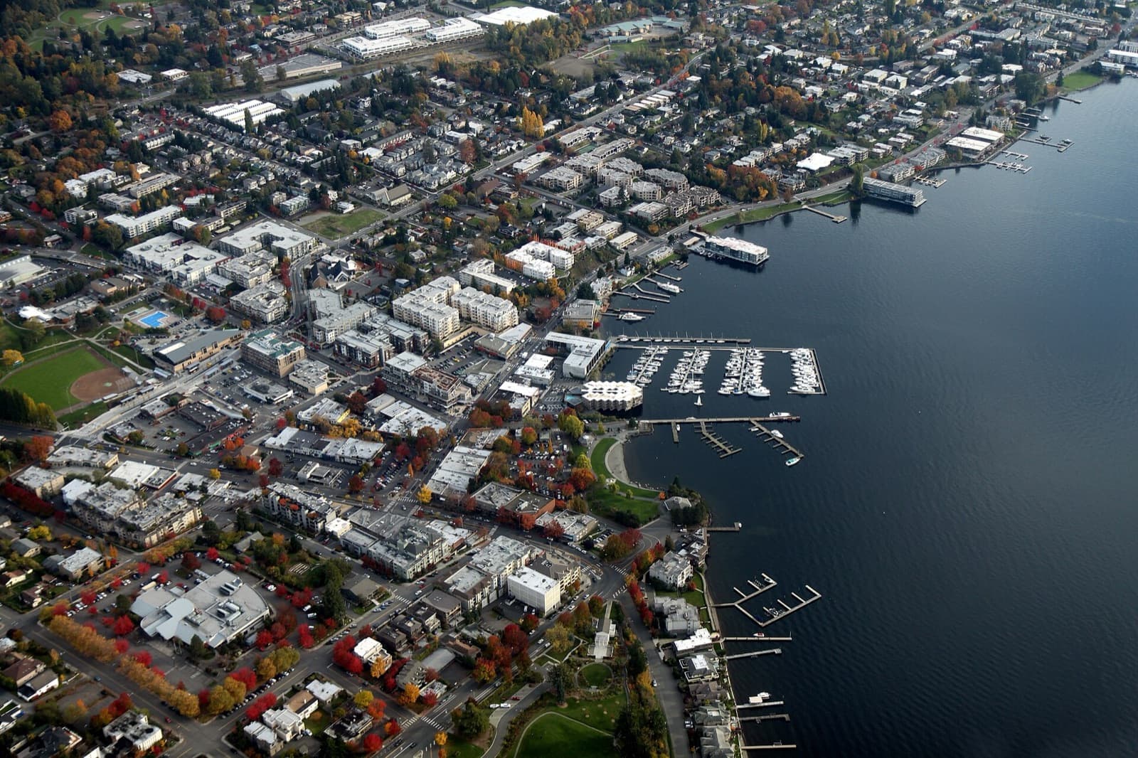 Aerial view of downtown Kirkland and its marina on Lake Washington